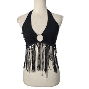 Windsor Black Halter Neck Western Cowgirl Fringe Ring Detail Crop Top‎ Size S